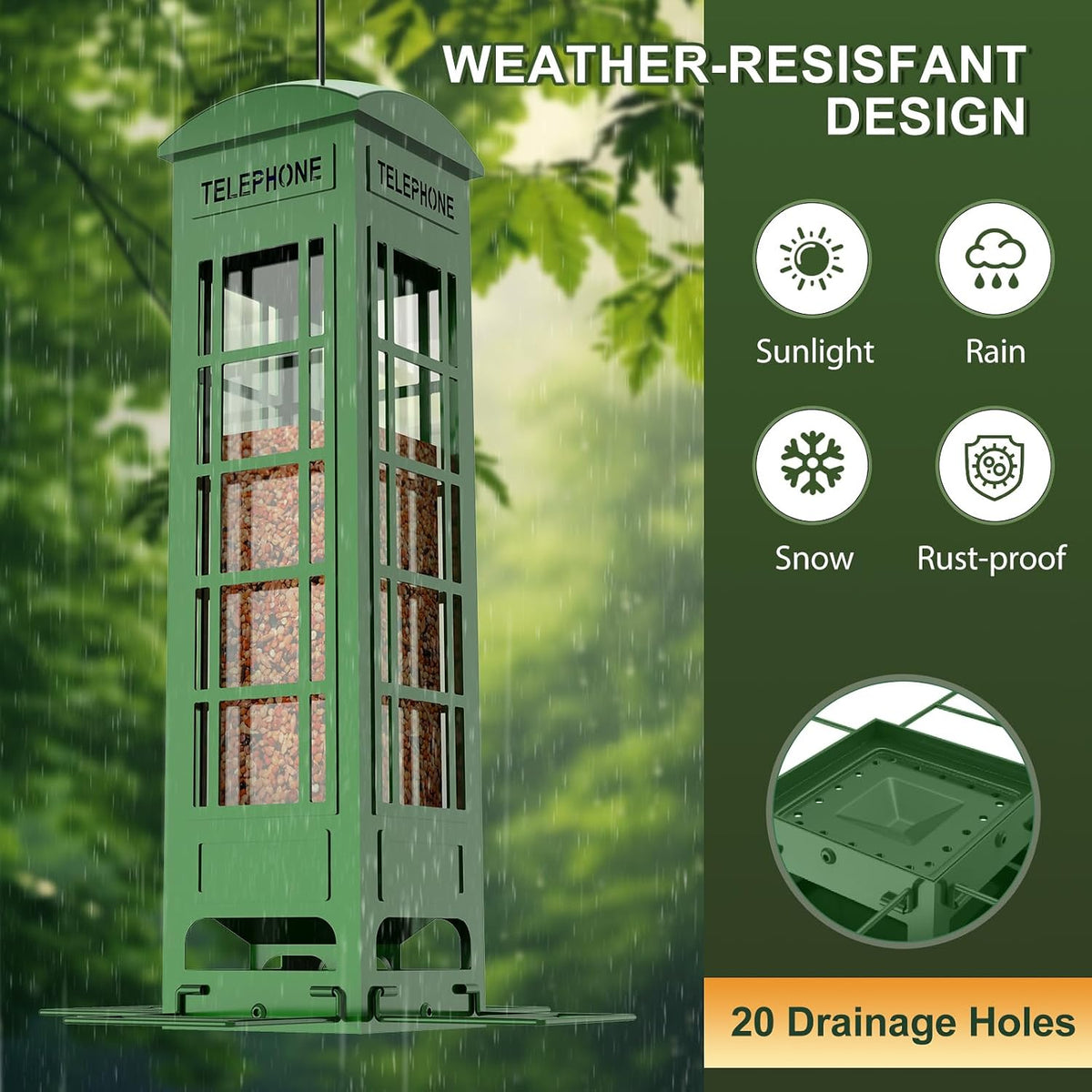 Squirrel Proof Bird Feeder, Heavy Duty Metal Telephone Booth Bird Feeder with Weight Activated Perches, 3 LB Capacity
