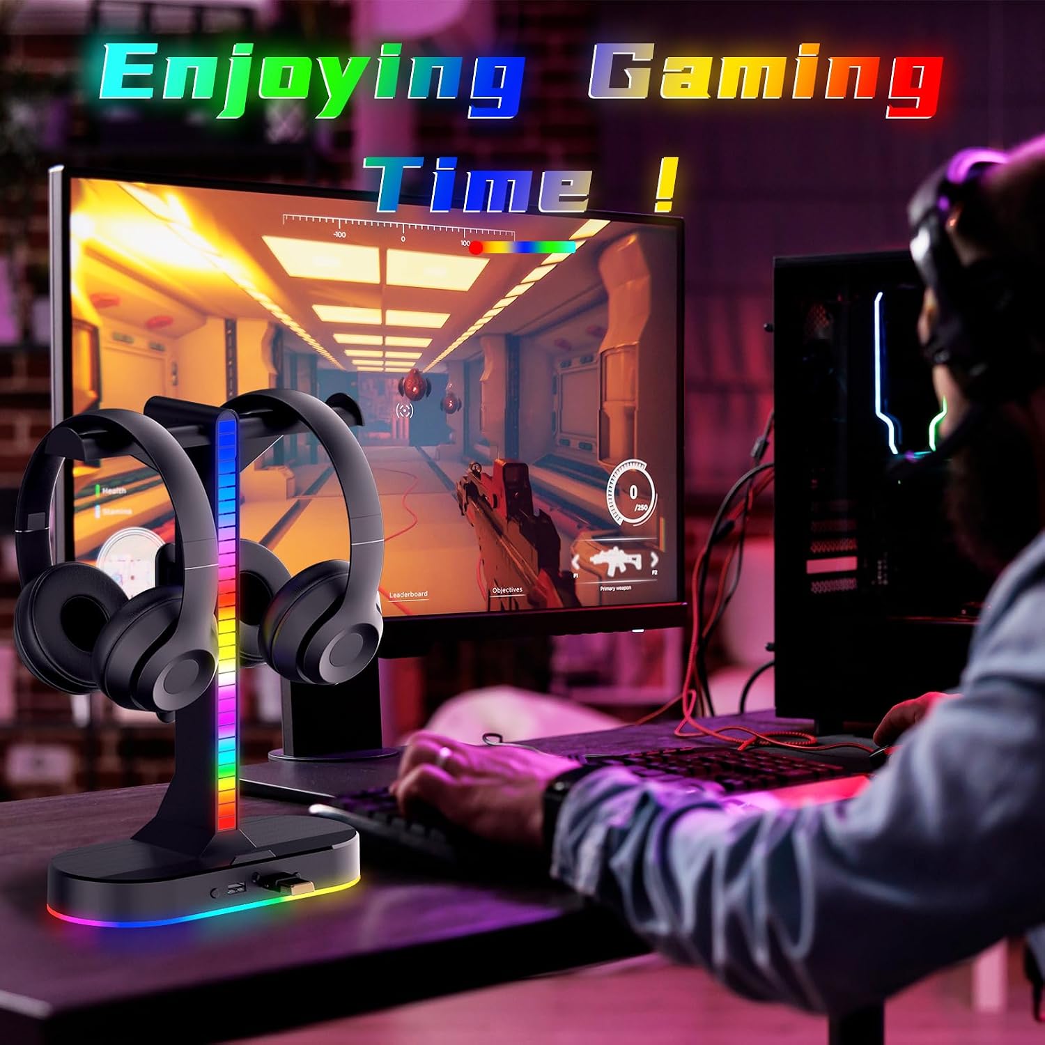 RGB Headphone Stand - Dual Gaming Headset Holder with 3 USB Charging Station and 3.5mm Audio Port,8 Light Modes