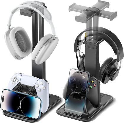 Gaming Headset & Controller Stand, Rotating Headphone Storage with Controller & Phone Holder, Game Desk Storage with