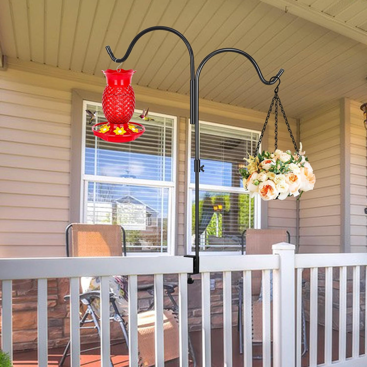 35 Inch 2 Pack Double Deck Hook for Railing, Deck Bird Feeder Pole with 3 Inch Strengthened Clamp for Hanging Bird