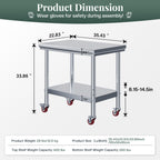 24x36 Inch Stainless Steel Prep and Work Table with Wheels