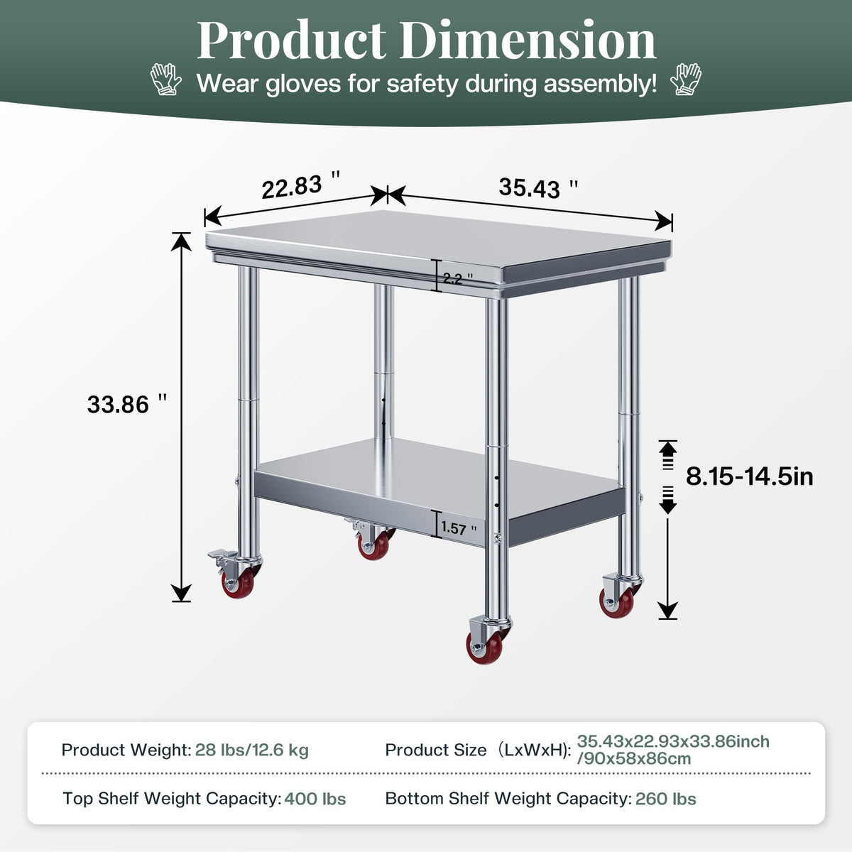 24x36 Inch Stainless Steel Prep and Work Table with Wheels