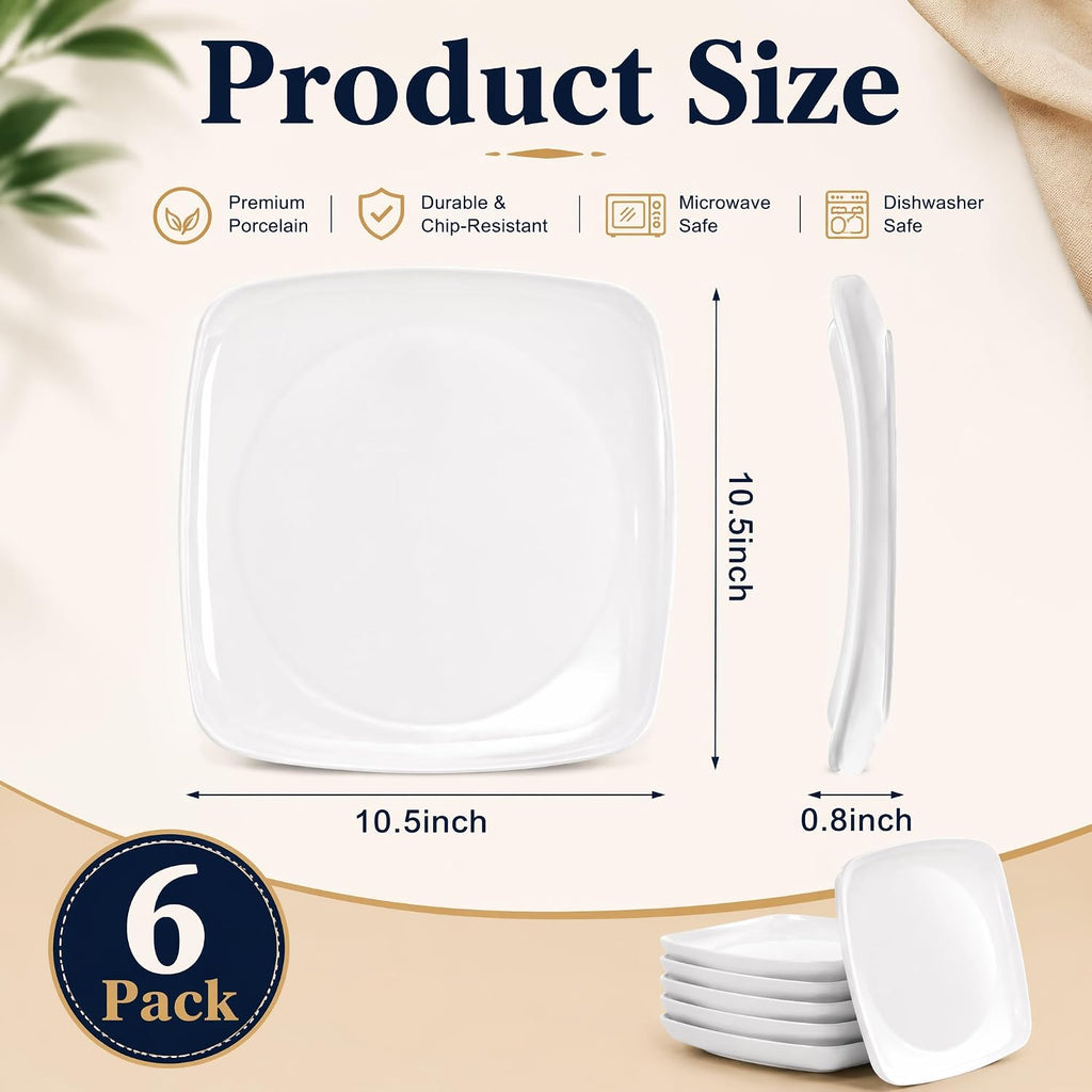 6 Pack 10.5" Melamine Sqaure Dinner Plates, Unbreakable Serving Dishes, Modern Square Dinnerware, Square Serving