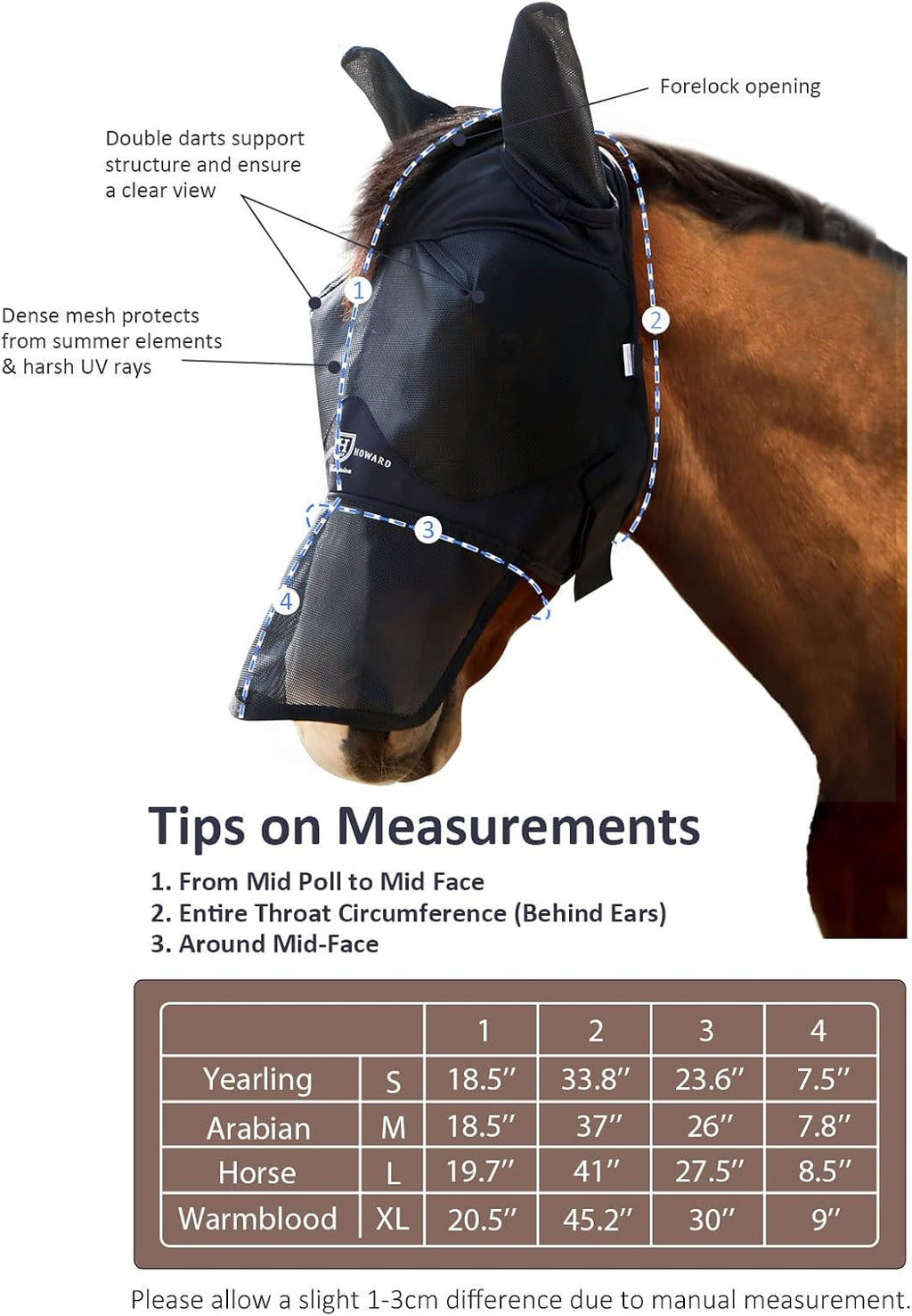 UV-Proof Forelock Opening Reliable Protection Horse Fly Mask Long Nose with Ears Black Horse Large