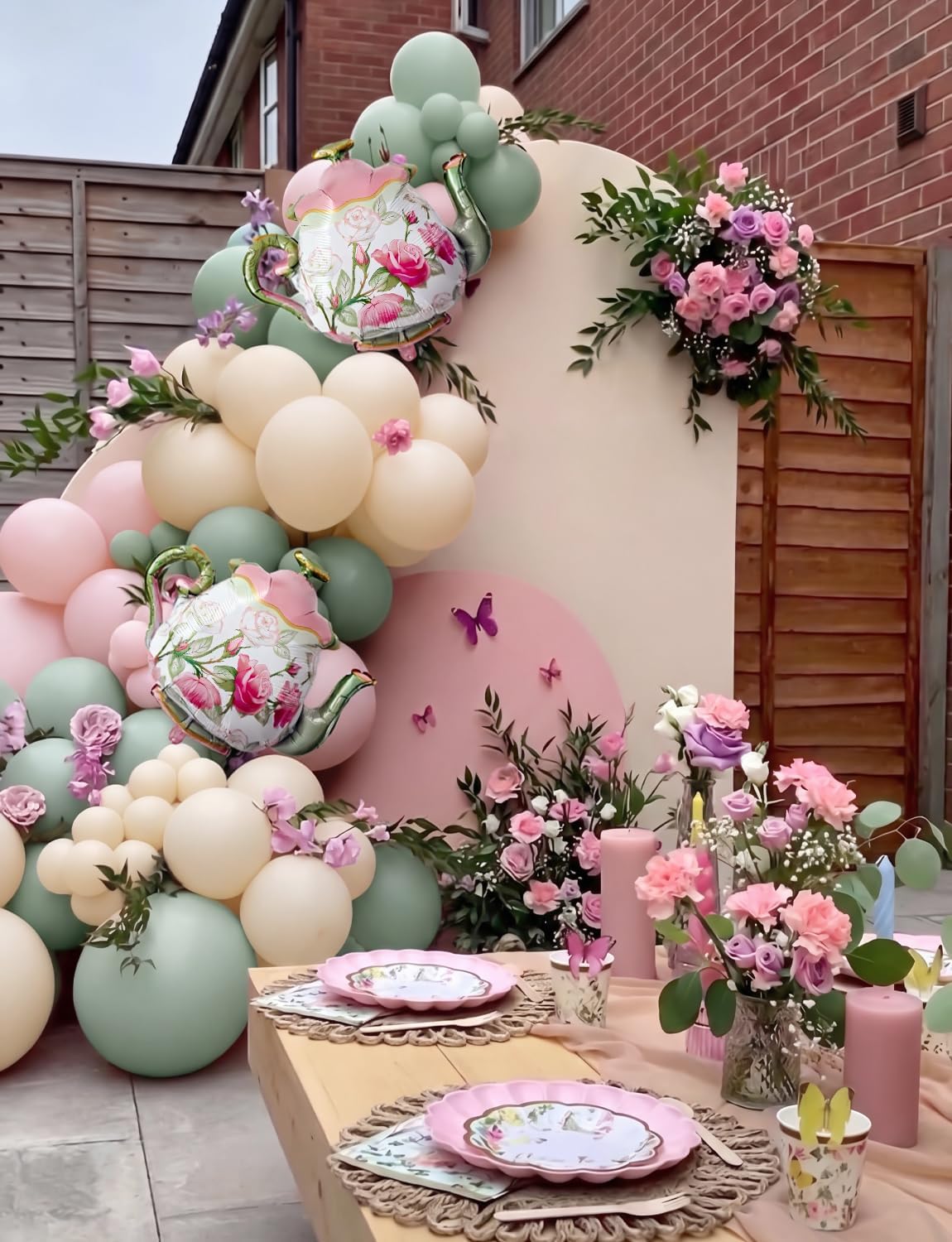 Tea Party Balloon Garland Arch Kit, 144Pcs Pastel Pink Green Yellow Balloons with Large Teapot Foil Balloons, Vintage