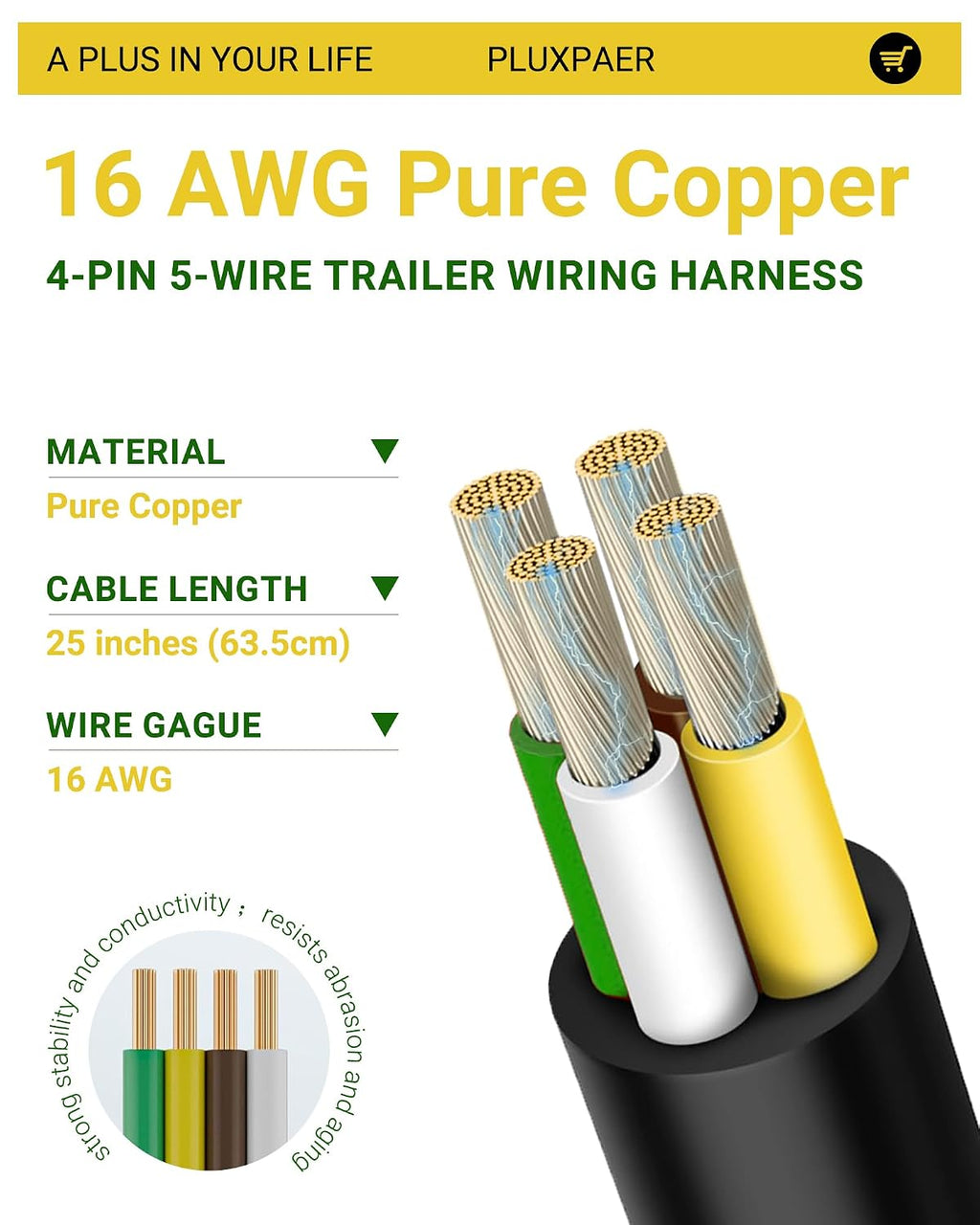 4 Pin 5 Wire Trailer Wiring Harness 16AWG Pure Copper Wire 25Inch