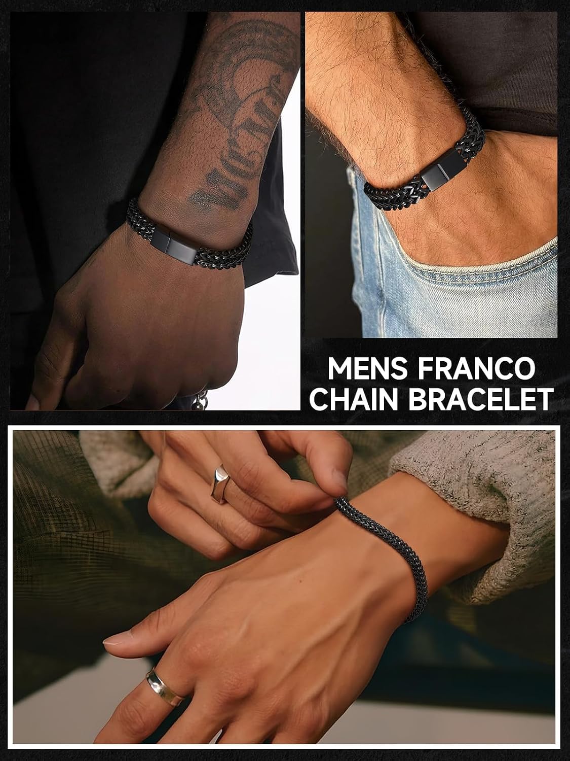 Bracelet for Men, 316L Stainless Steel Franco Cuban Link Chain Bracelet with Sturdy Clasp, 6/10/12MM Widths