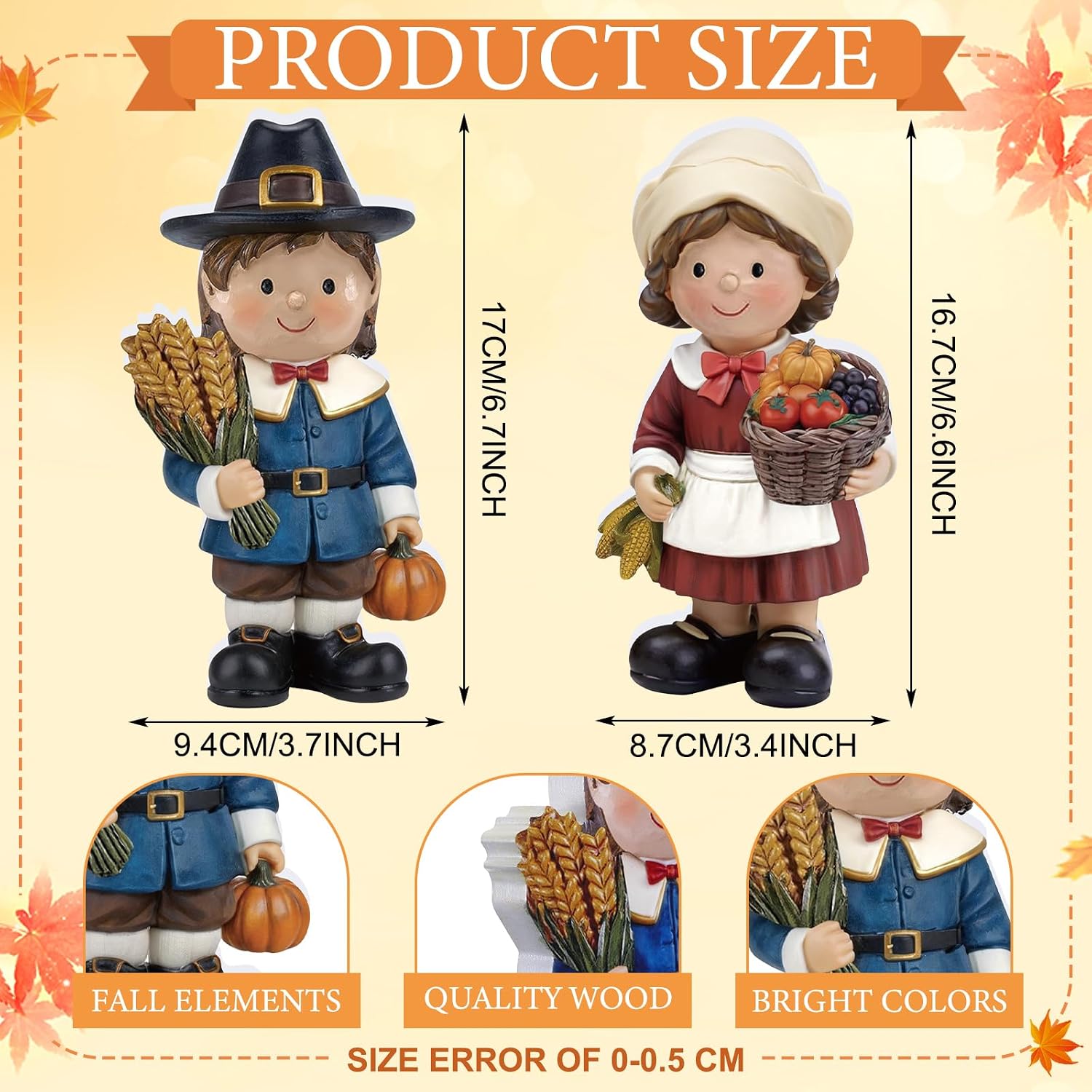 2 Pcs Fall Figurine Decor Pilgrim Figurine Autumn Statue Wooden Thanksgiving Boy and Girl Family Harvest Table