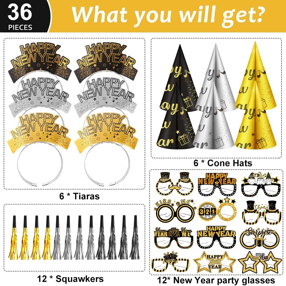 New Year’s Eve Party Supplies 2026– Includes Happy New Year Headbands, Cone Hats, Party Glasses, and Tassel Squawkers