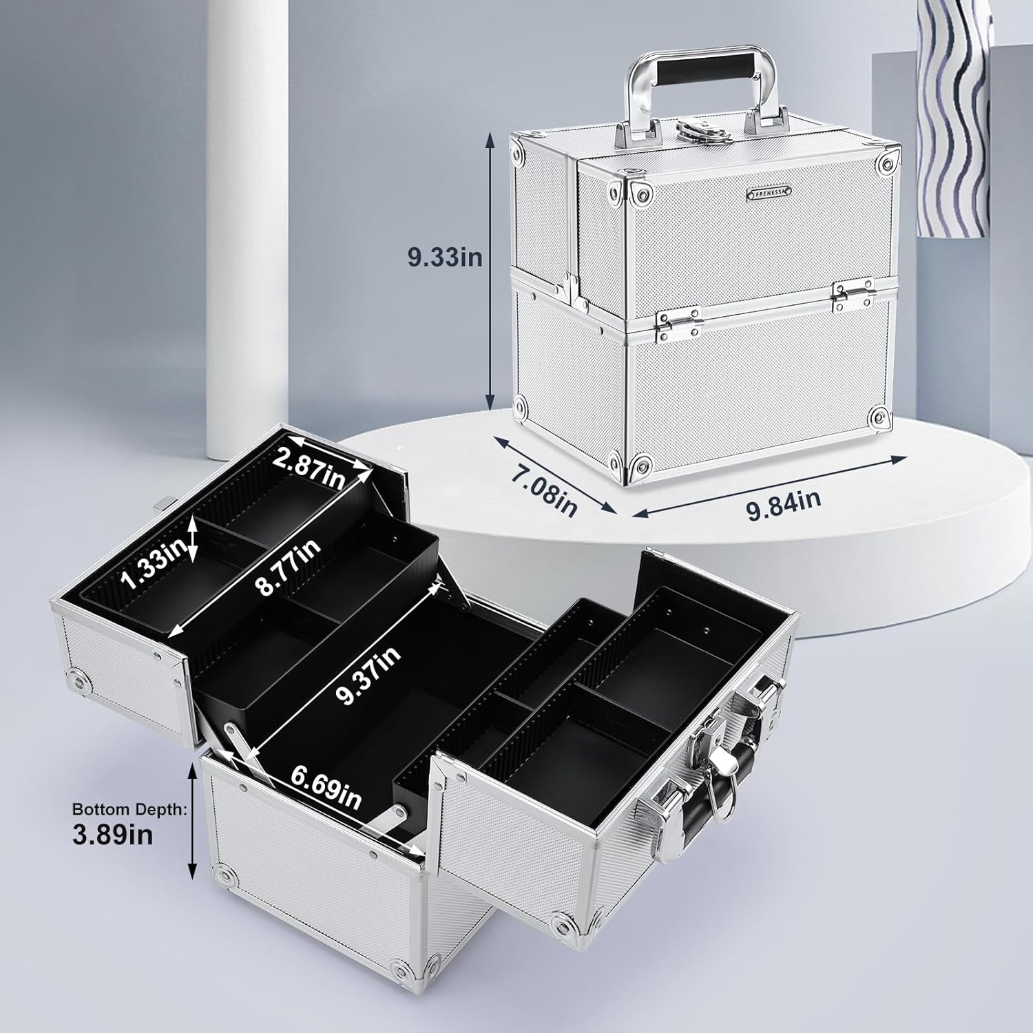 Makeup Train Case Makeup Organizer Box Portable Cosmetic Travel Case with Lock 4 Trays Aluminum Hard Vanity Box Make