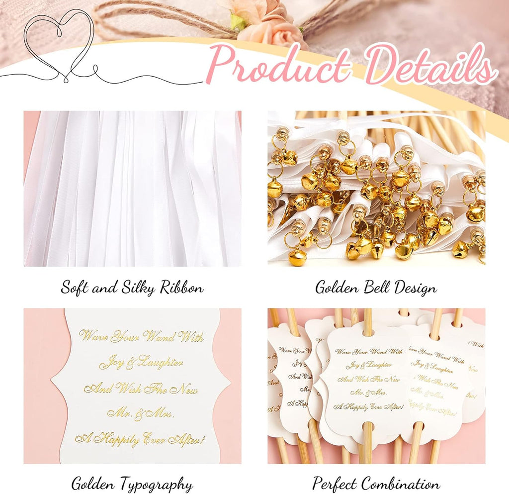 100 Sets Wedding Send Off Wands with Bells Bulk, White