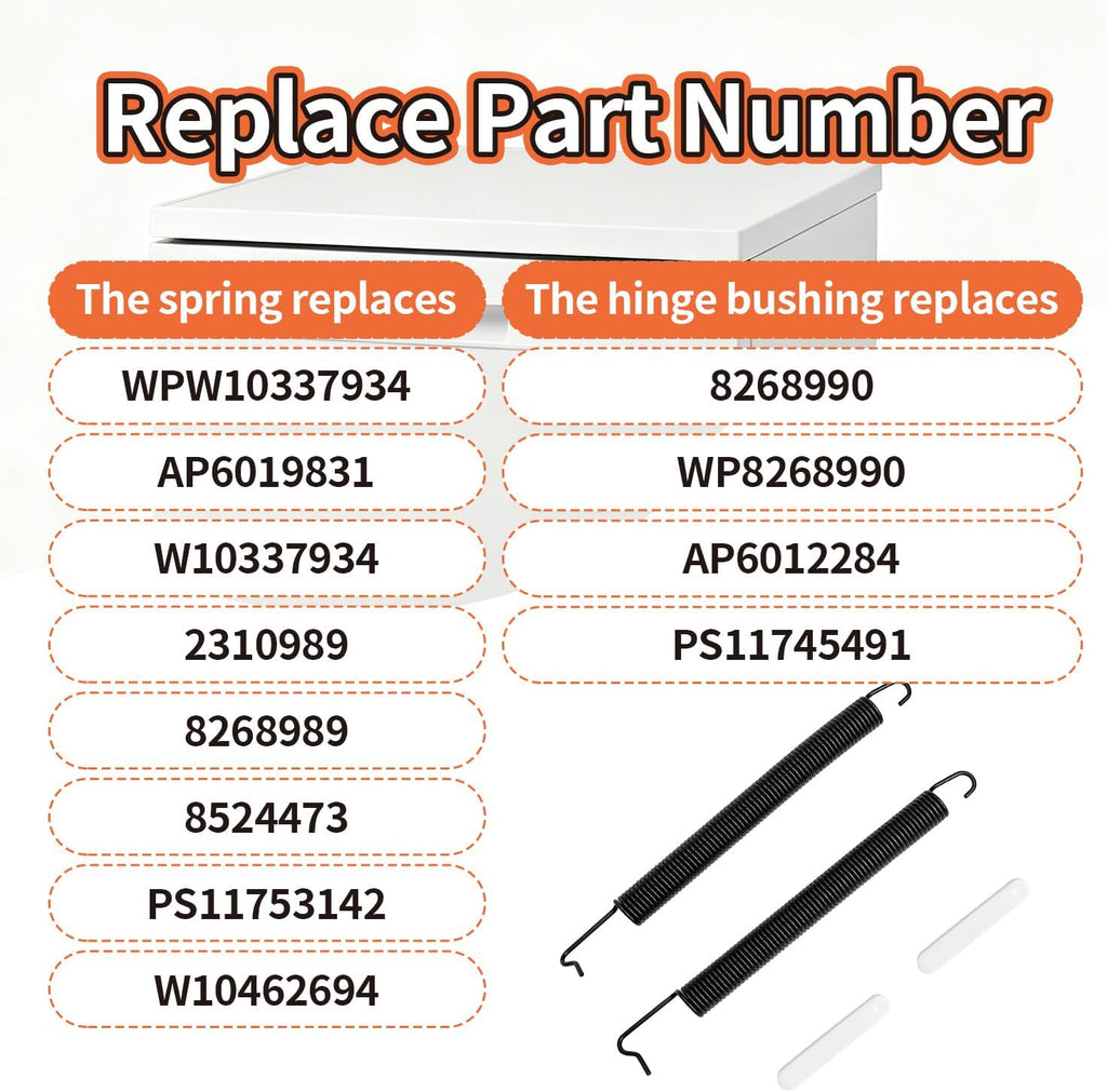 2 Pcs WPW10337934 Dishwasher Door Spring & 8268990 Hinge Bushing