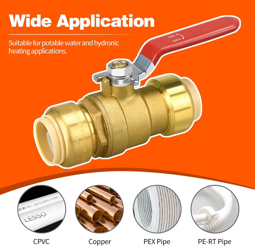 3/4" Push Fit Ball Valve with Disconnect Clip, Push-Fit Shut Off Valve