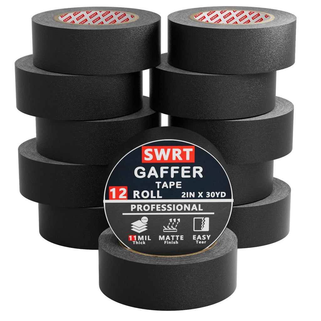 Gaffers Tape, 12-Pack, 2 in x 30 yd, 11 Mil, Pro Matte, Black