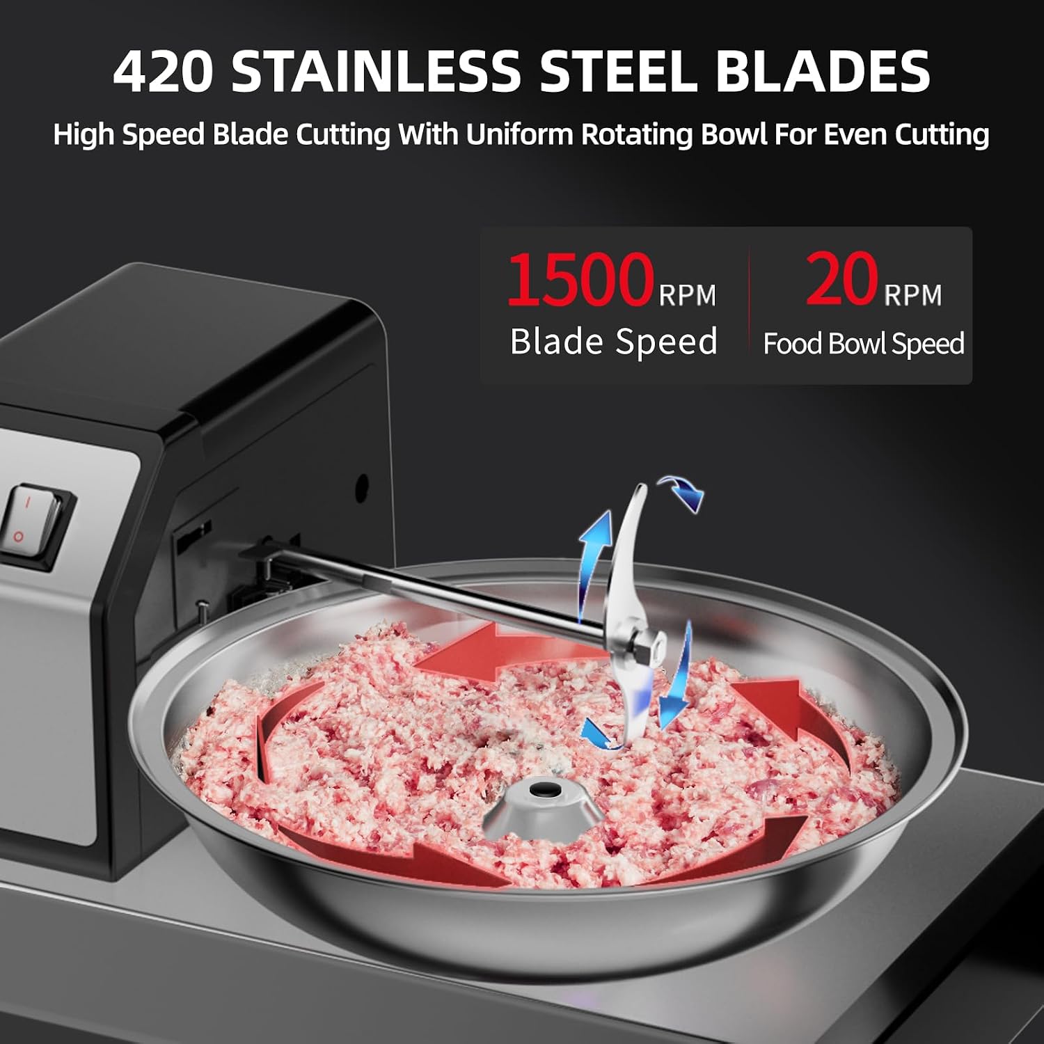 Commercial Food Processor, 250W Heavy Duty Electric Meat Grinders with 1500RPM Blade Speed, 6QT Stainless Steel Food