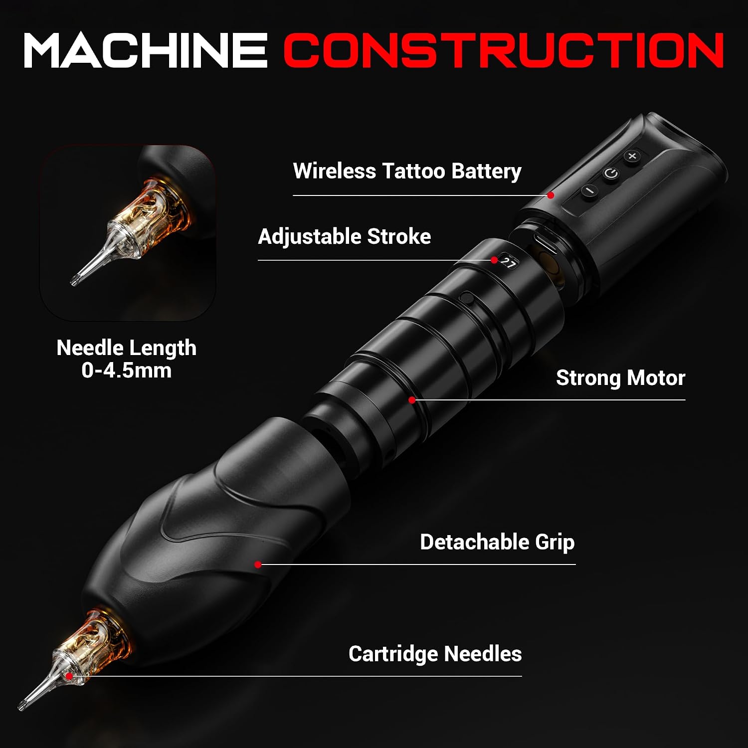 Wireless Tattoo Machine with 7 Adjustable Strokes(2.7-4.5mm),3800mAh Dual Batteries,Rotary Tattoo Pen Coreless Motor