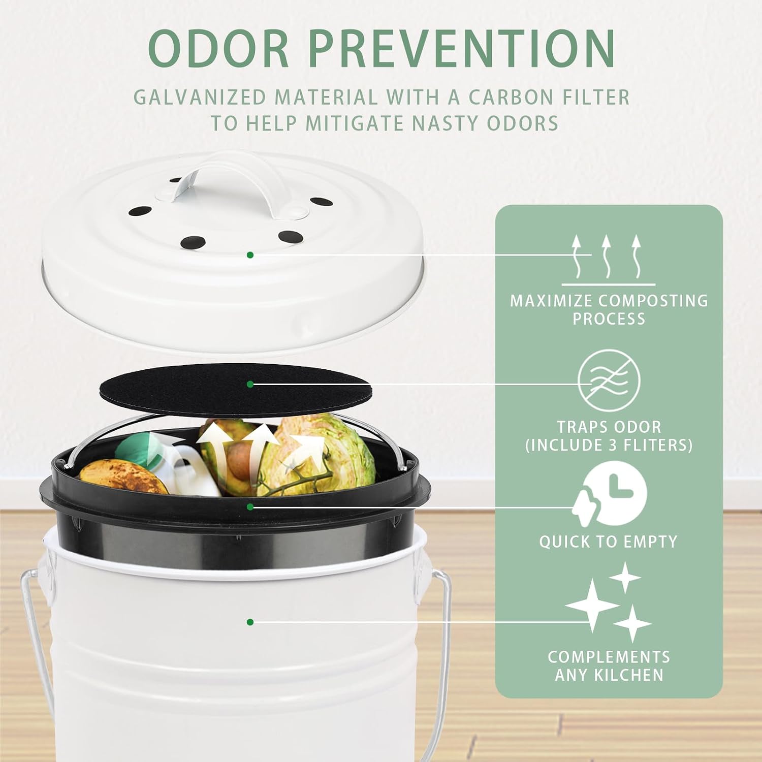 Compost Bin for Kitchen Countertop,1.3 Gal Metal Compost Container | Indoor Compost Bucket with Lid Includes Inner
