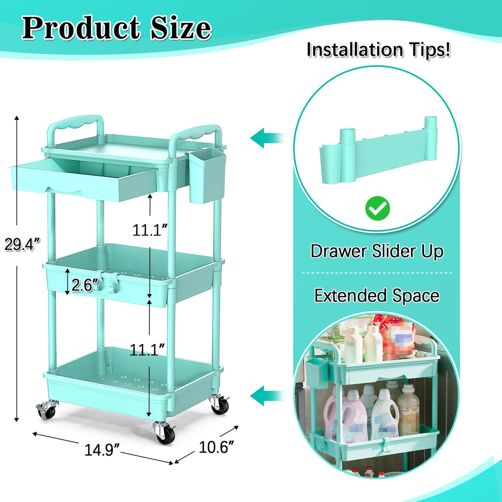 3 Tier Rolling Cart with Drawer, Craft Storage Cart Organizer, Blue