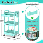 3 Tier Rolling Cart with Drawer, Craft Storage Cart Organizer, Blue