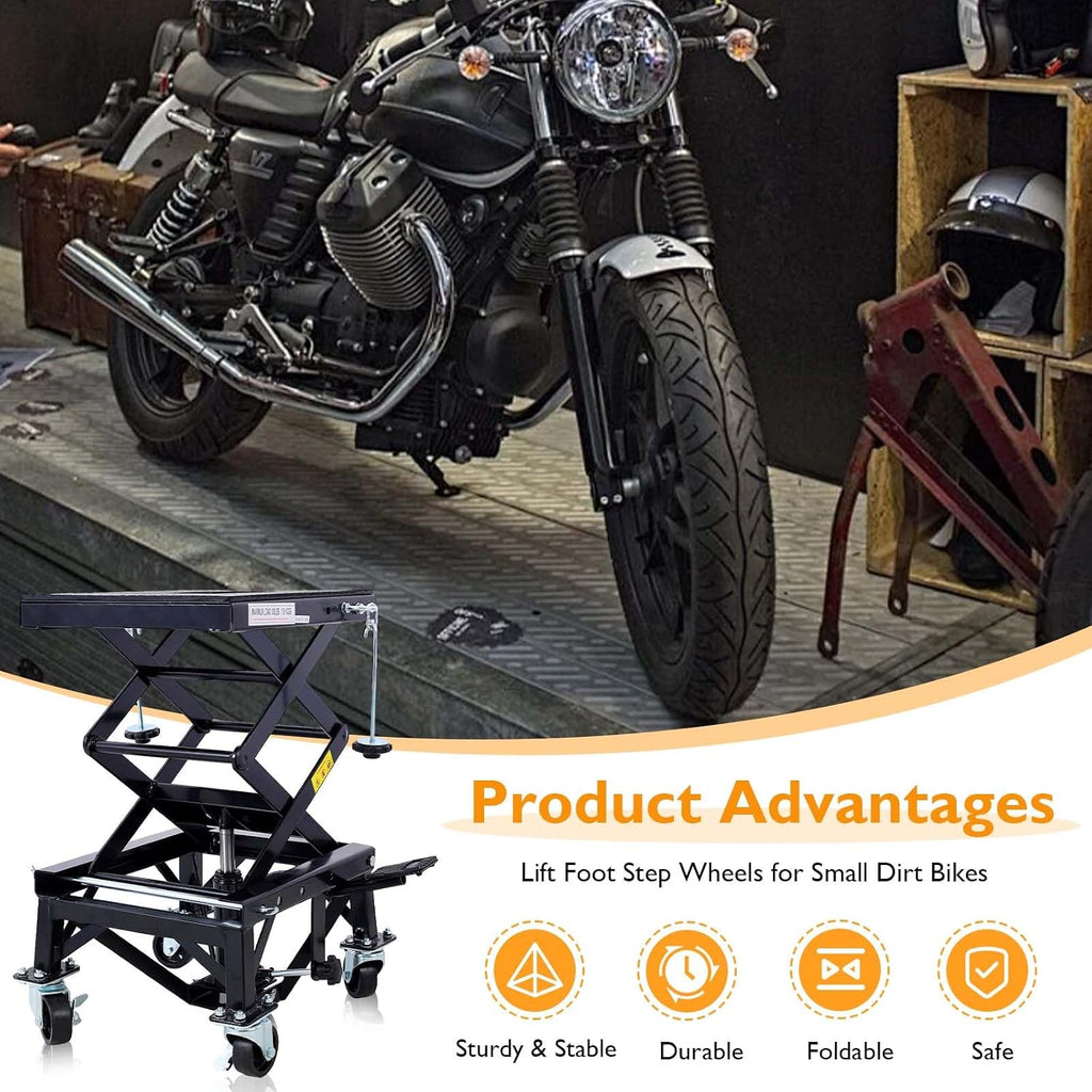 Hydraulic Motorcycle Lift Table, 350 lbs Capacity Scissor Jack Lift with Wide Deck, J-Hooks, 4 Wheels, Foot-Operated