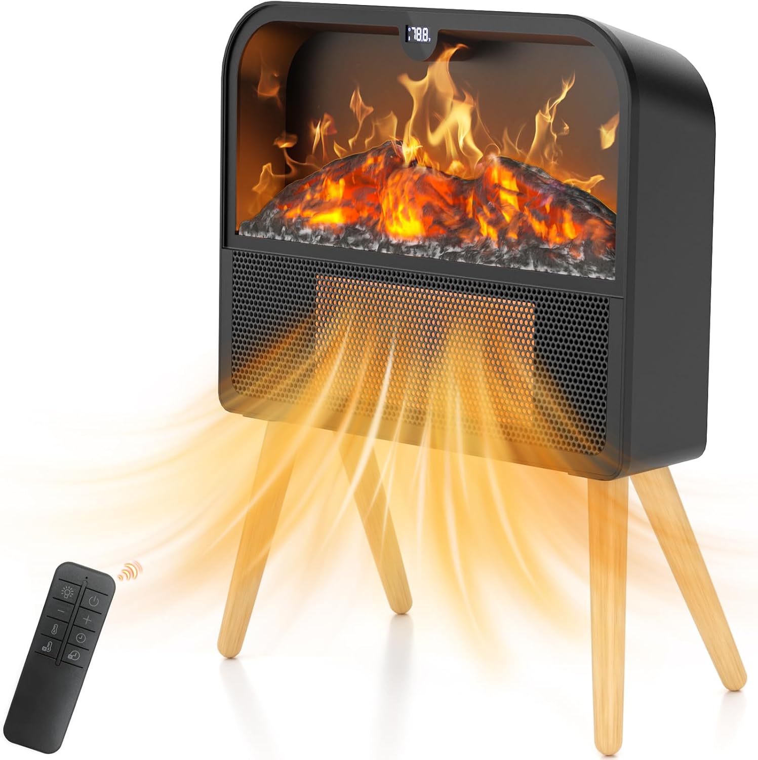 Electric Fireplace Heater, Ultra-Thin Electric Fireplace Stove with Realistic Flame & Solid Wood Stand, 17" Portable