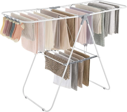 Clothes Drying Rack, with Sock Clips, Metal Laundry Rack, Foldable, Space-Saving, Free-Standing Airer, with 2