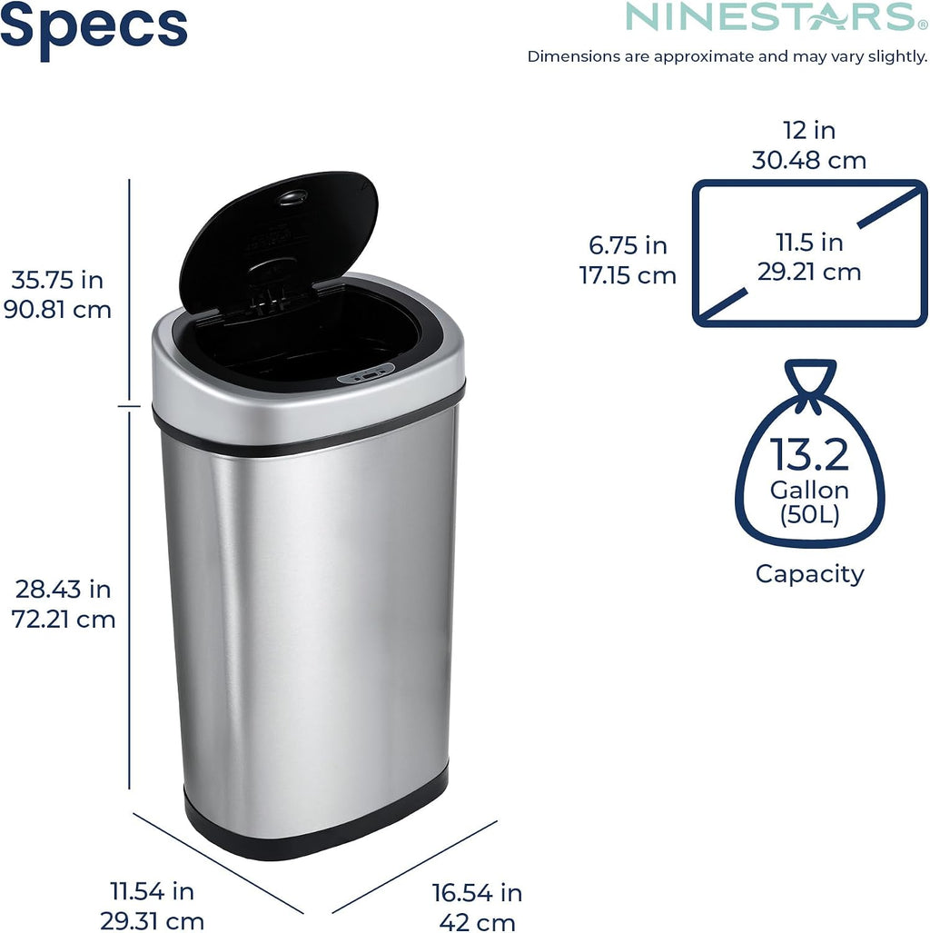 13 Gallon Oval Automatic Trash Can, 50L Touchless Motion Sensor Kitchen Garbage Can with Odor-Sealing Black Lid