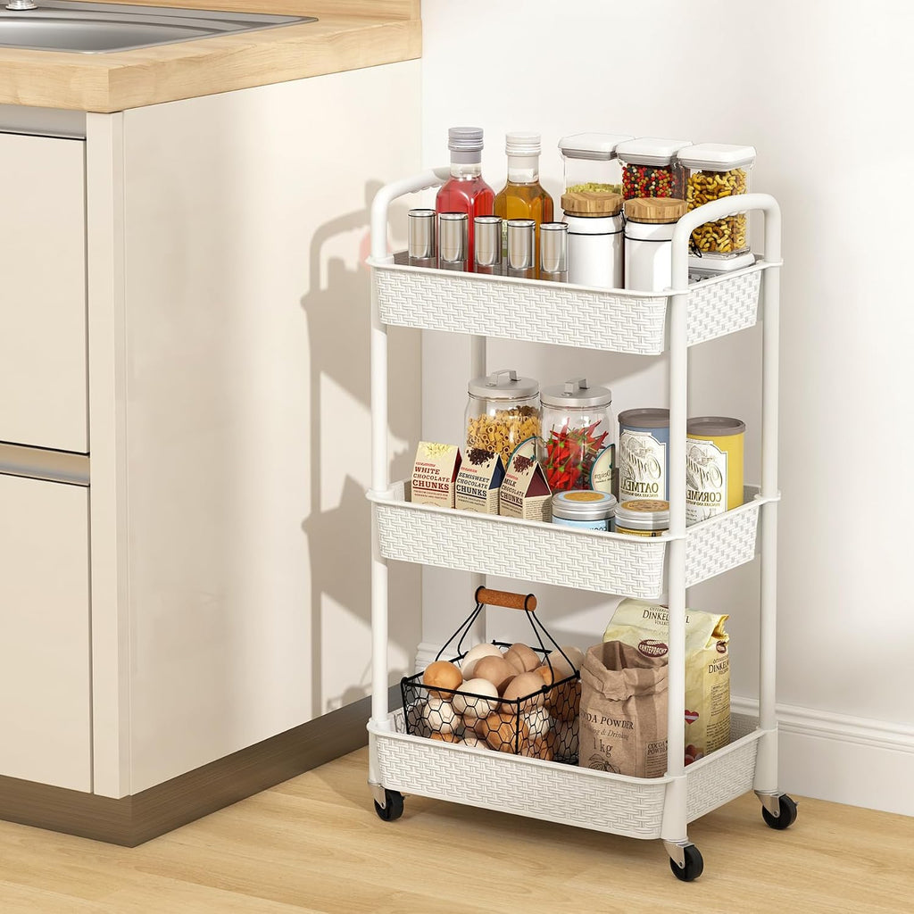 3-Tier Plastic Rolling Utility Cart with Handle,Utility Storage Cart for Office, Living Room, Kitchen,Movable Storage