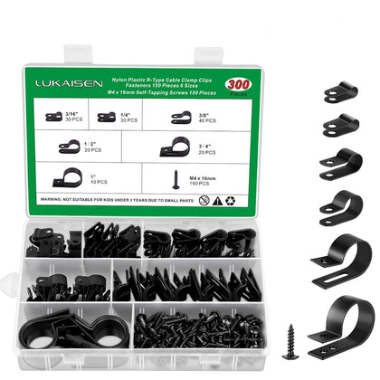 Cable Clips for Cable Management Cord Organizer, 6 Sizes 300 PCS Nylon R-Type, 3/16'' 1/4'' 3/8'' 1/2'' 3/4'' 1''