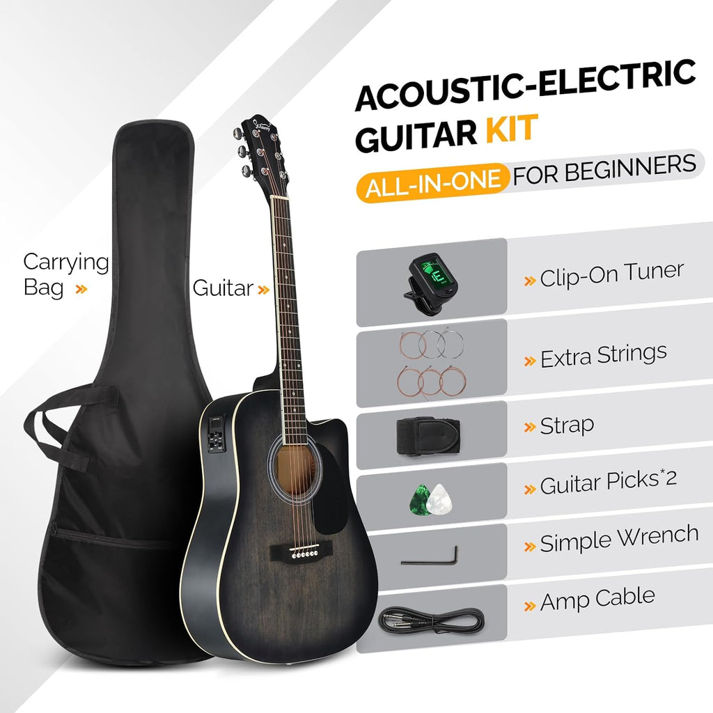 Full Size 6 Strings Acoustic Electric Guitar Beginner Kit, Cutaway 41 Inch Electric Acoustic Guitar w/Inbuilt Tuner
