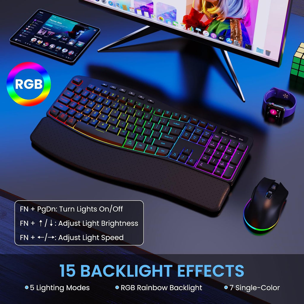 RGB Wireless Keyboard Mouse Combo with Ergonomic Wave, Silent Rechargeable | Soft Leather Wrist Rest, Light up