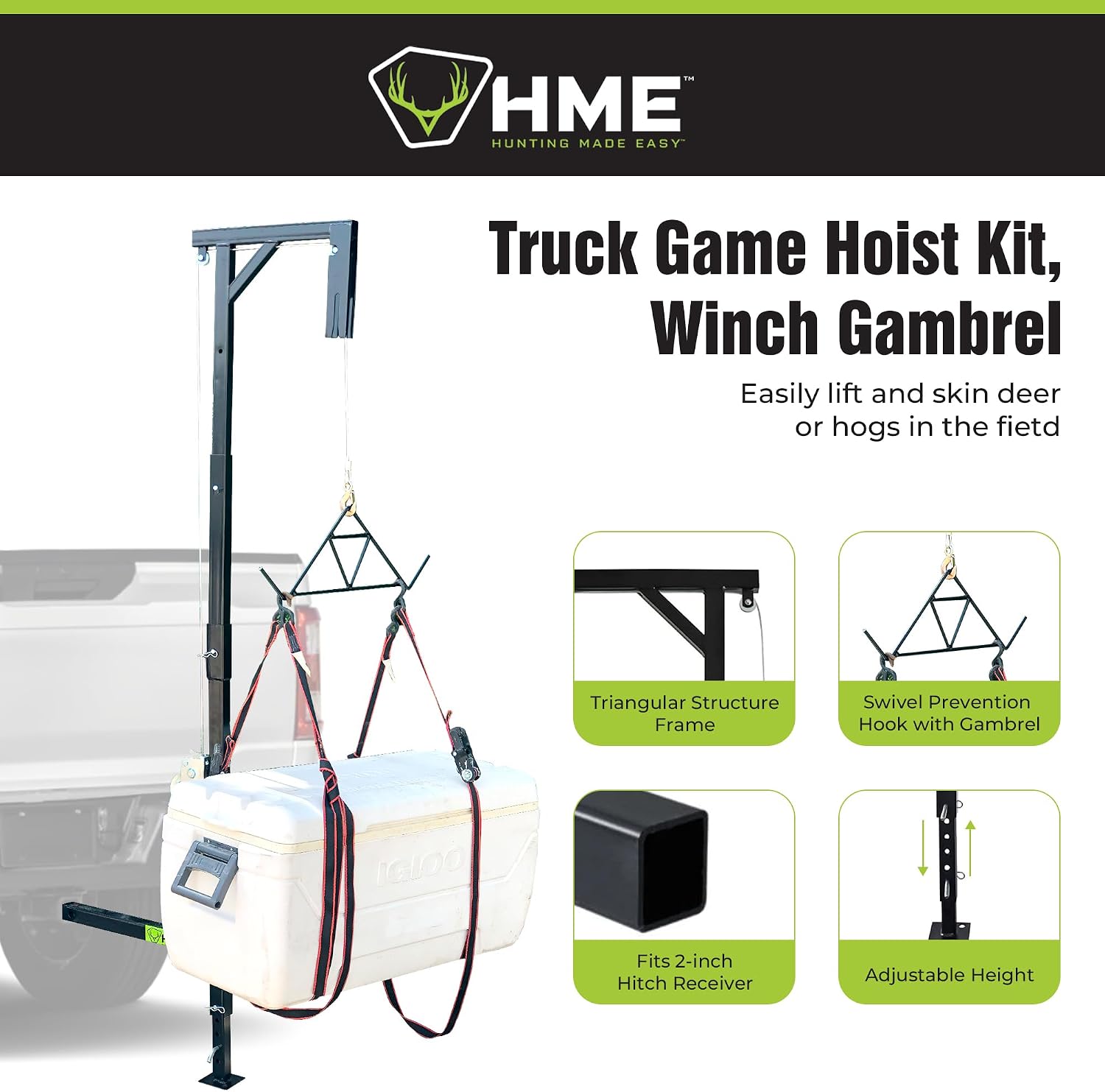 Truck Hitch Game Hoist Kit with Winch and Gambrel, 400 lb Capacity | Hunting Game Skinning and Cleaning Accessory