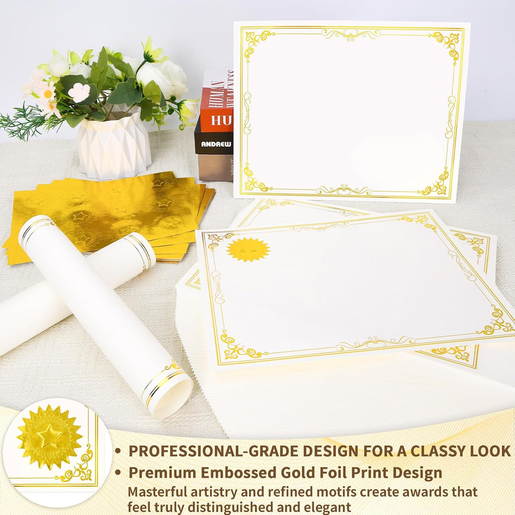 200 Sheet Gold Foil Award Certificate Paper Bulk 8.5 x 11 in for Printing Customizable Blank Cardstock Gold Border