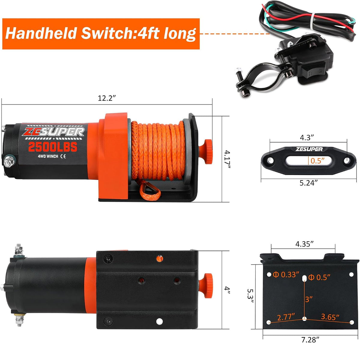 2500 lb Electric Winch 30ft Synthetic Rope 12V DC for UTV ATV Boat