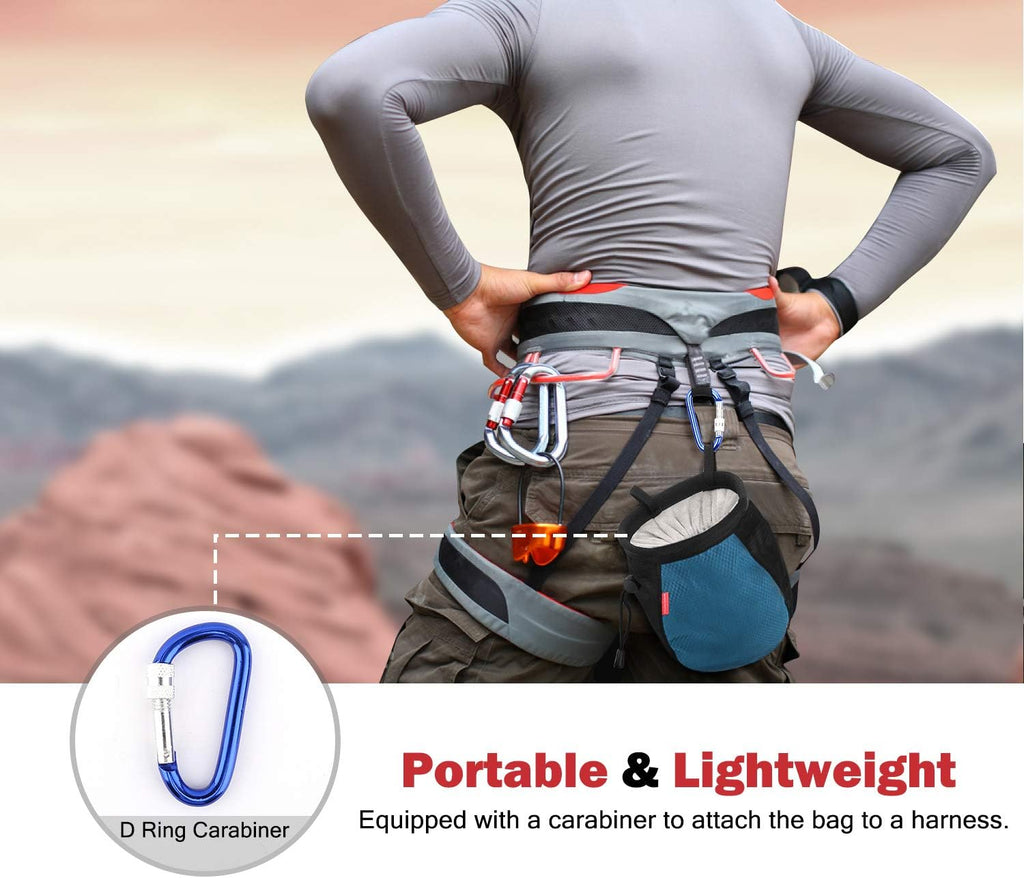 Climbing Chalk Bag, No Leak Drawstring Chalk Bag with Adjustable Belt, Carabiner Clip and Zippered Pockets Chalk Bag