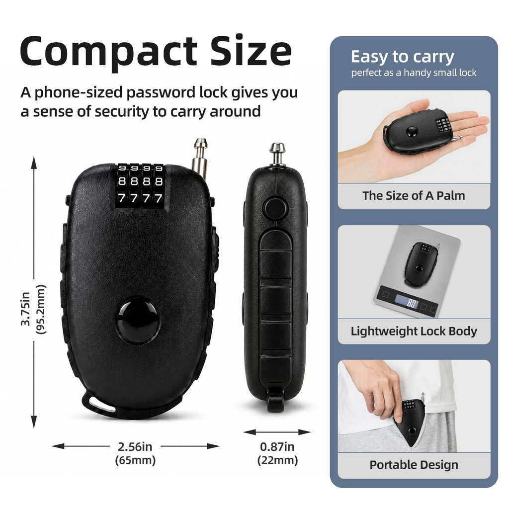 4 Digit Combination 27.5 Inch Retractable Cable Lock,Black 2Pcs