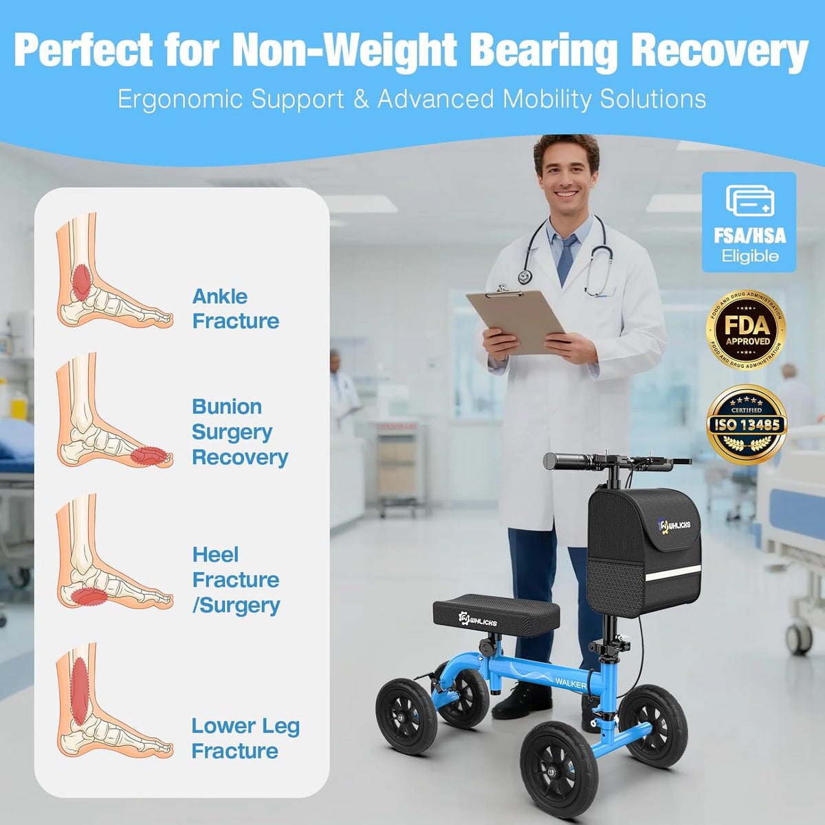 Foldable All Terrain Knee Scooter for Adults for Foot Injuries