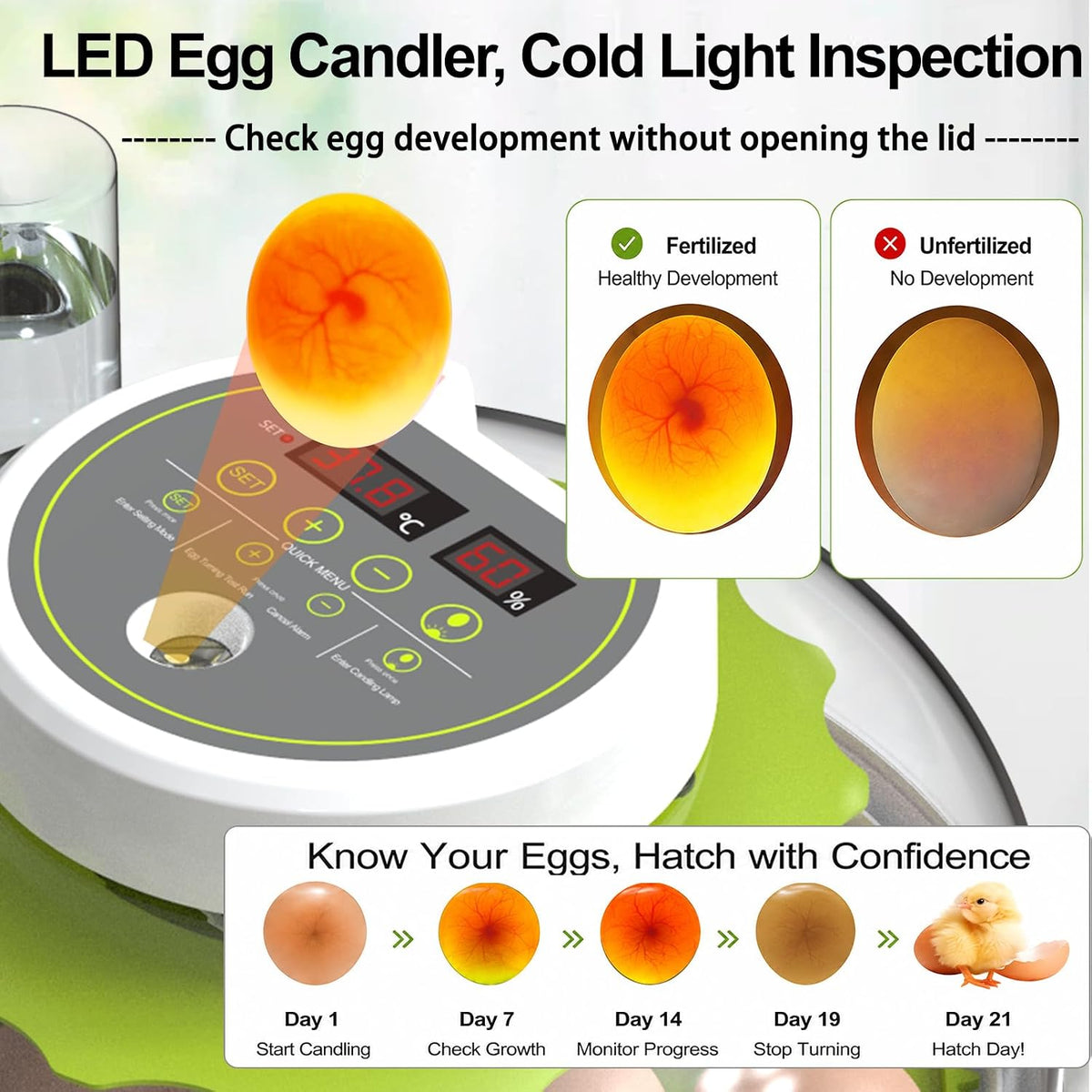 18/60 Egg Incubator with Humidity Display, Incubators for Hatching Eggs, Egg Candler, Automatic Egg Turner, Poultry