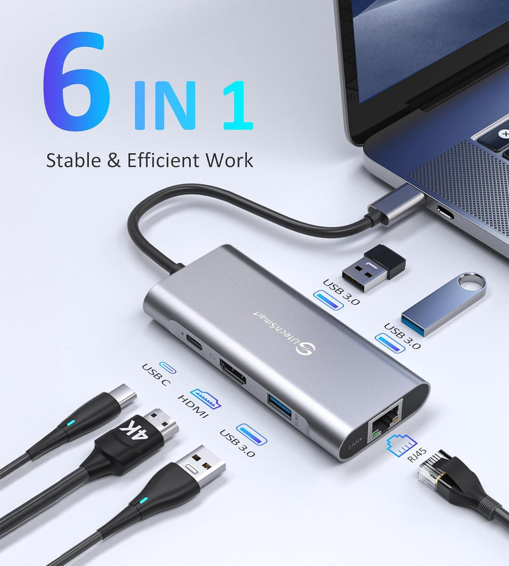 USB C Hub, USB C Ethernet Multiport Adapter, 6 In 1 USB C to HDMI Dock Compatible for Macbook Pro/Air, Chromebook