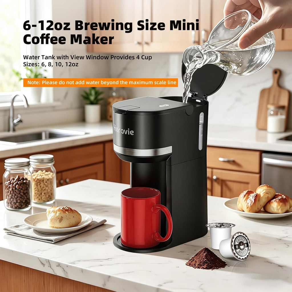 Small Single Serve Coffee Maker for K Cup and Grounds, Fast Brew One Cup Coffee Machine with One Button, 6 to 12 oz.