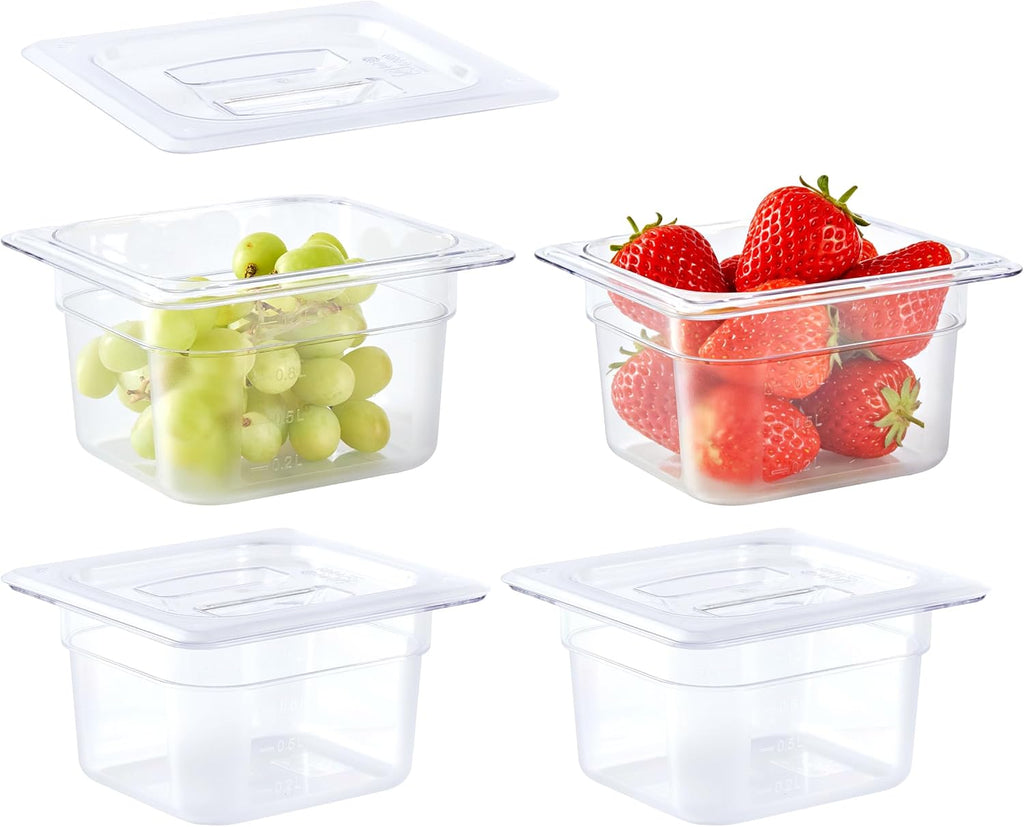 1/6 Size 4" Deep Polycarbonate Food Pans with Lids, 4 Pack