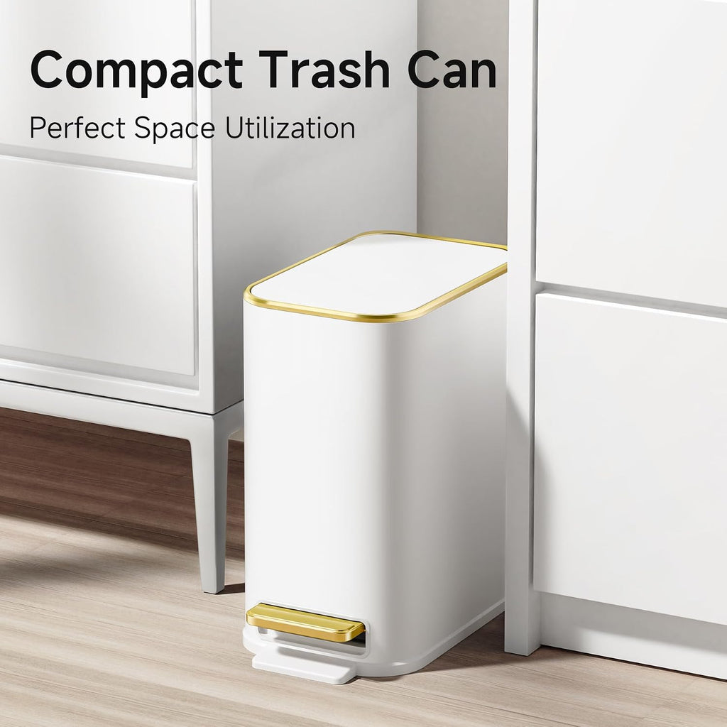 Small Bathroom Trash Can with Lid Soft Close, Step Pedal, 5 Liter / 1.3 Gallon Stainless Steel Trash Bin, Slim