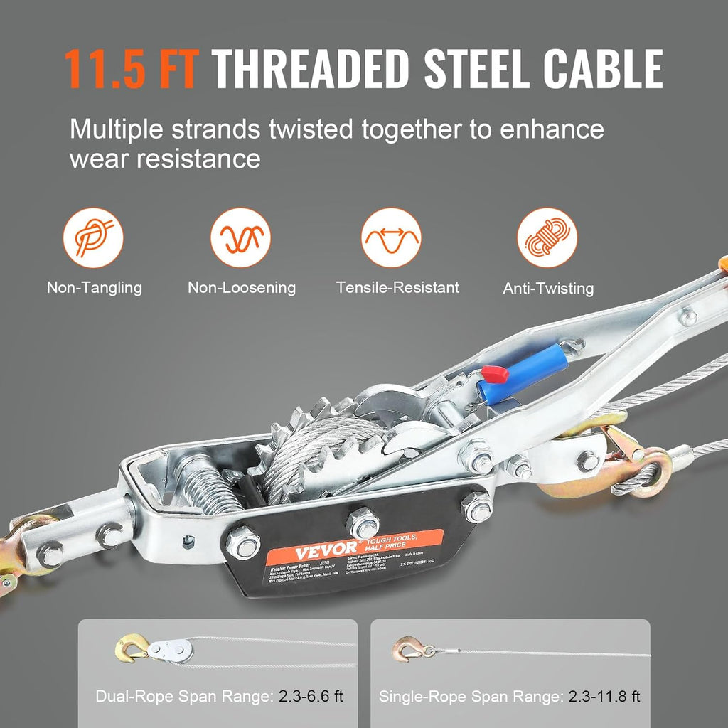 Come Along Winch, 5 Ton (11,023 lbs) Pulling Capacity, 11.5 ft Steel Cable, 3 Hooks, Heavy Duty Ratchet Power Puller