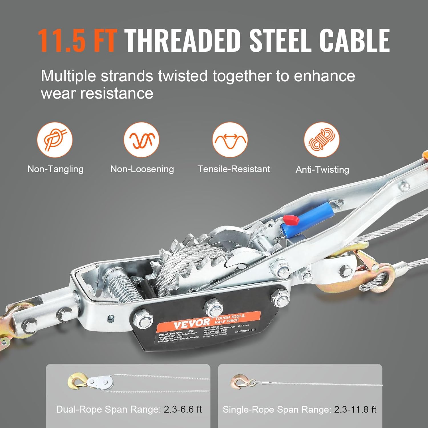 Come Along Winch, 5 Ton (11,023 lbs) Pulling Capacity, 11.5 ft Steel Cable, 3 Hooks, Heavy Duty Ratchet Power Puller