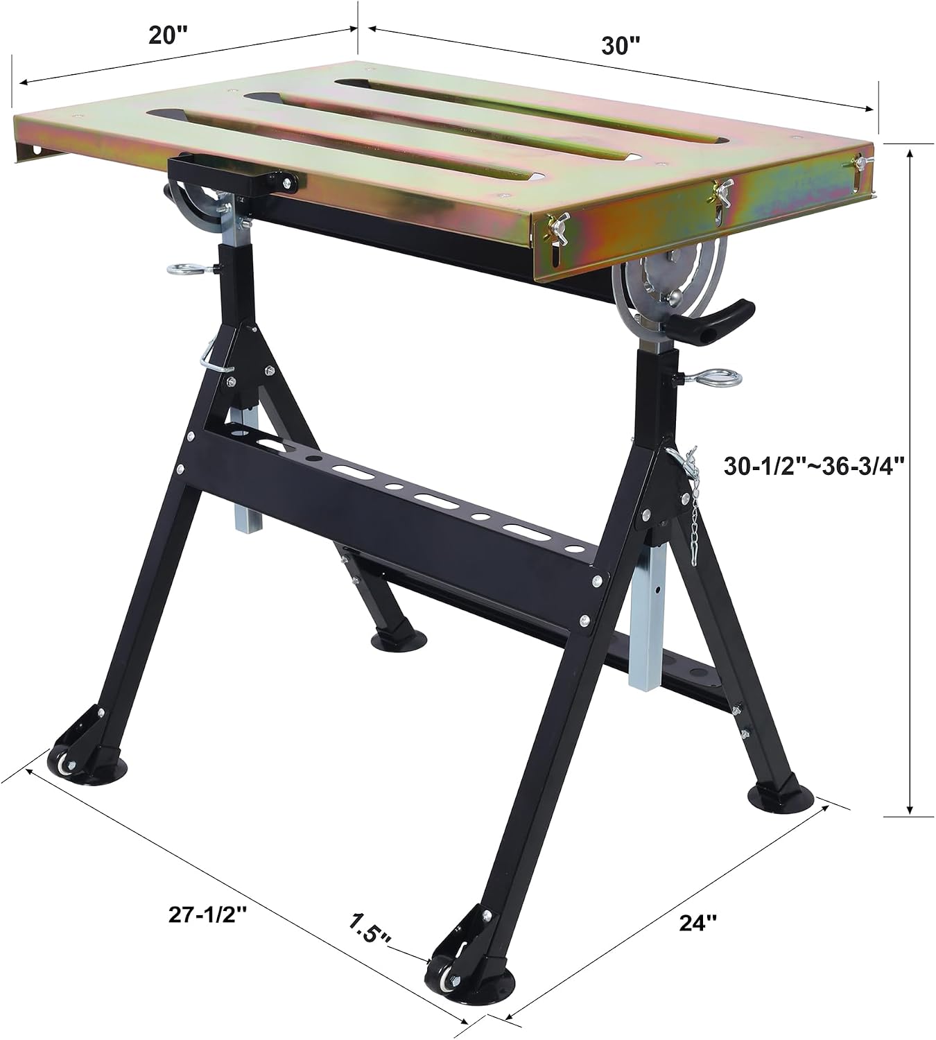 Steel Welding Table 30" x 20", Portable Welding Table with Wheels and 3 Slots, Adjustable Angle & Height, 400lbs Load