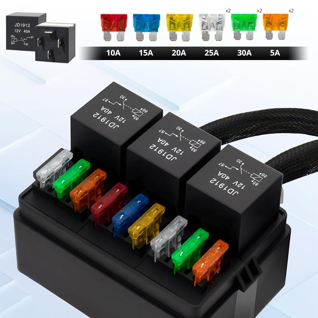 12V 9Way Pre-Wired Fuse and Relay Box Kit with 3 x 40A 4-Pin Relays & 9 ATC/ATO Fuses for Car, Truck, Vehicle