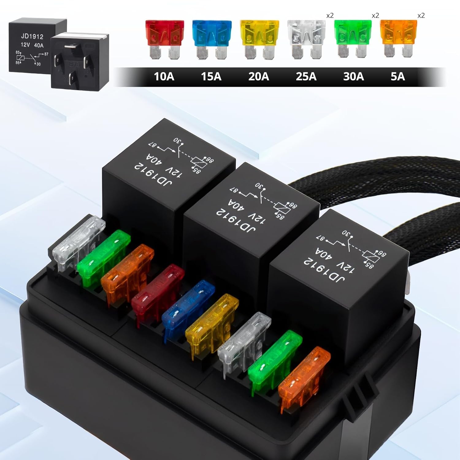 12V 9Way Pre-Wired Fuse and Relay Box Kit with 3 x 40A 4-Pin Relays & 9 ATC/ATO Fuses for Car, Truck, Vehicle