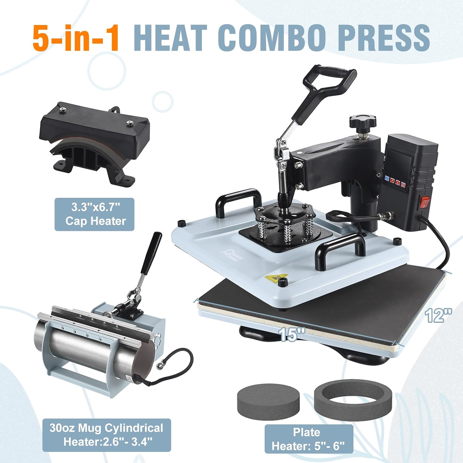 Heat Press Machine 12x15 Inch, 360° Swing Away 5 in 1 Heat Transfer Machine, Multifunctional Heat Transfer Press