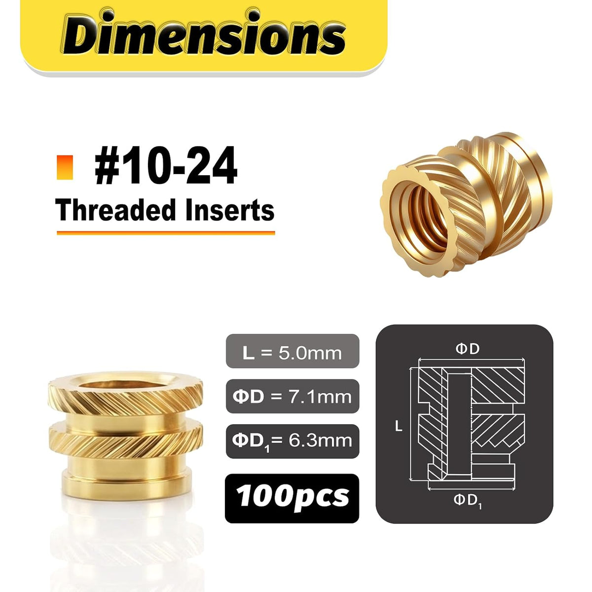 100Pcs #10-24 * 5 * 7.1 Threaded Inserts, #10-24 Heat Set Inserts, Brass Heat Set Insert for Plastic and 3D Printing Components