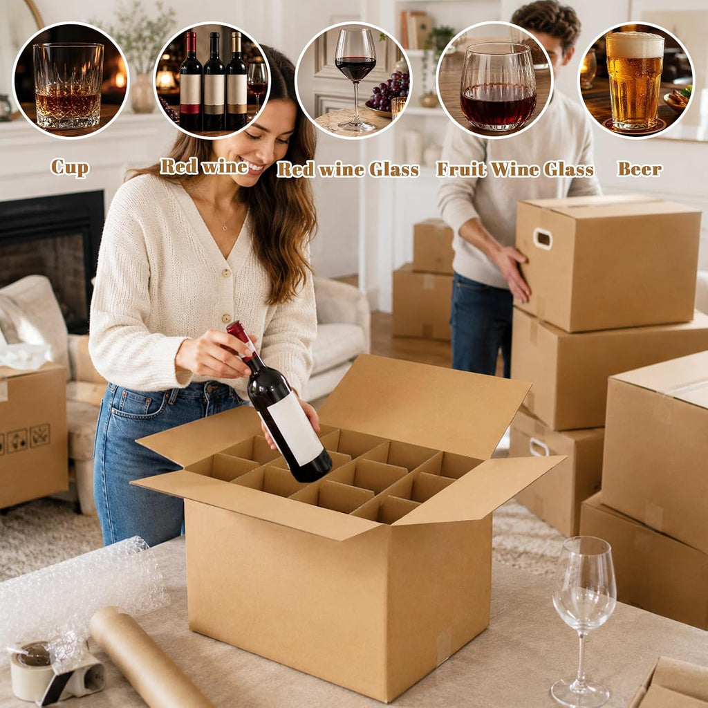 4 Set Moving Boxes with Glasses Divider Kits, Glass Packing Kit with 16x12x12 In Box, 3x4 Grid Corrugated Dividers